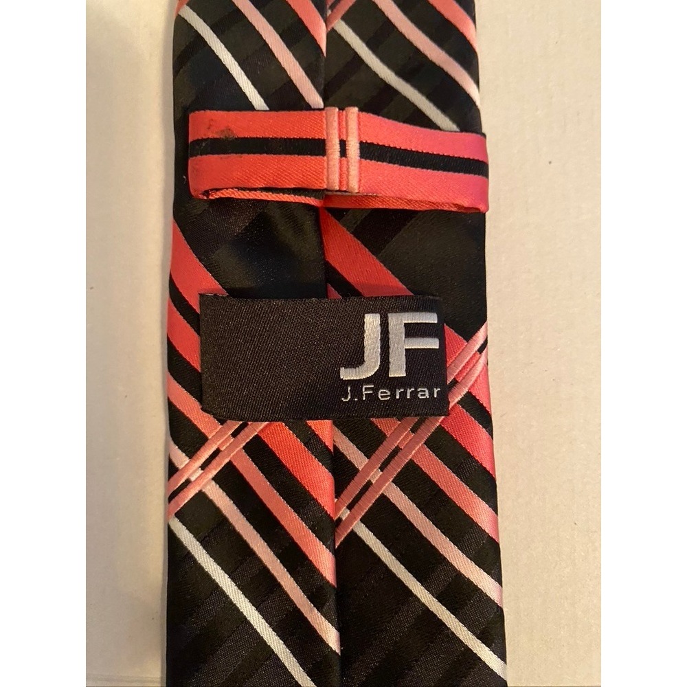 J. Ferrar Mens Necktie Black Pink Silver Plaid Striped Formal Polyester Tie
